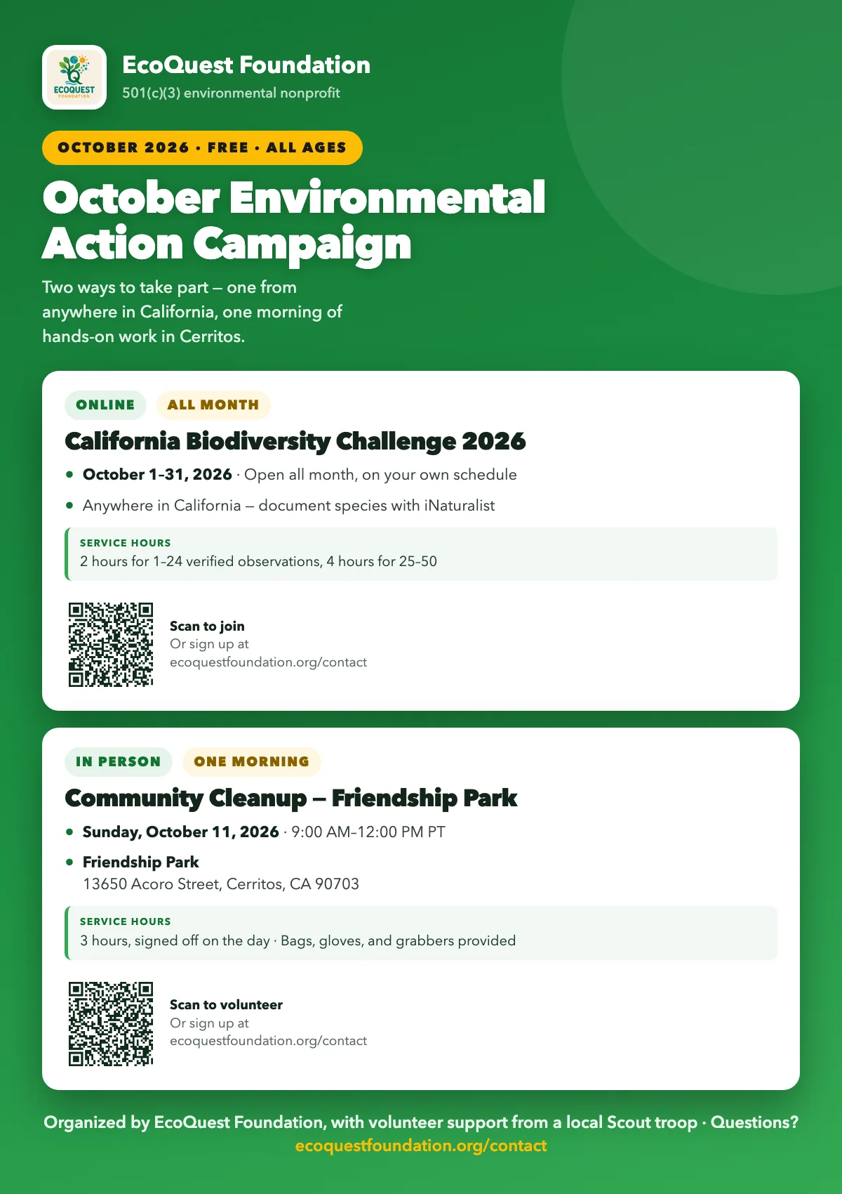 October Environmental Action Campaign flyer — the California Biodiversity Challenge running October 1–31, and the Friendship Park community cleanup on Sunday, October 11.