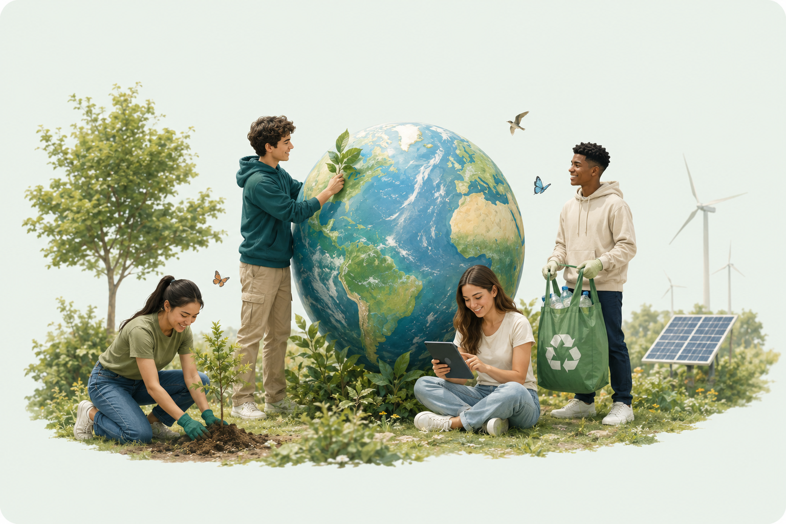 Youth taking environmental action — planting trees, caring for the planet, recycling, and using clean energy